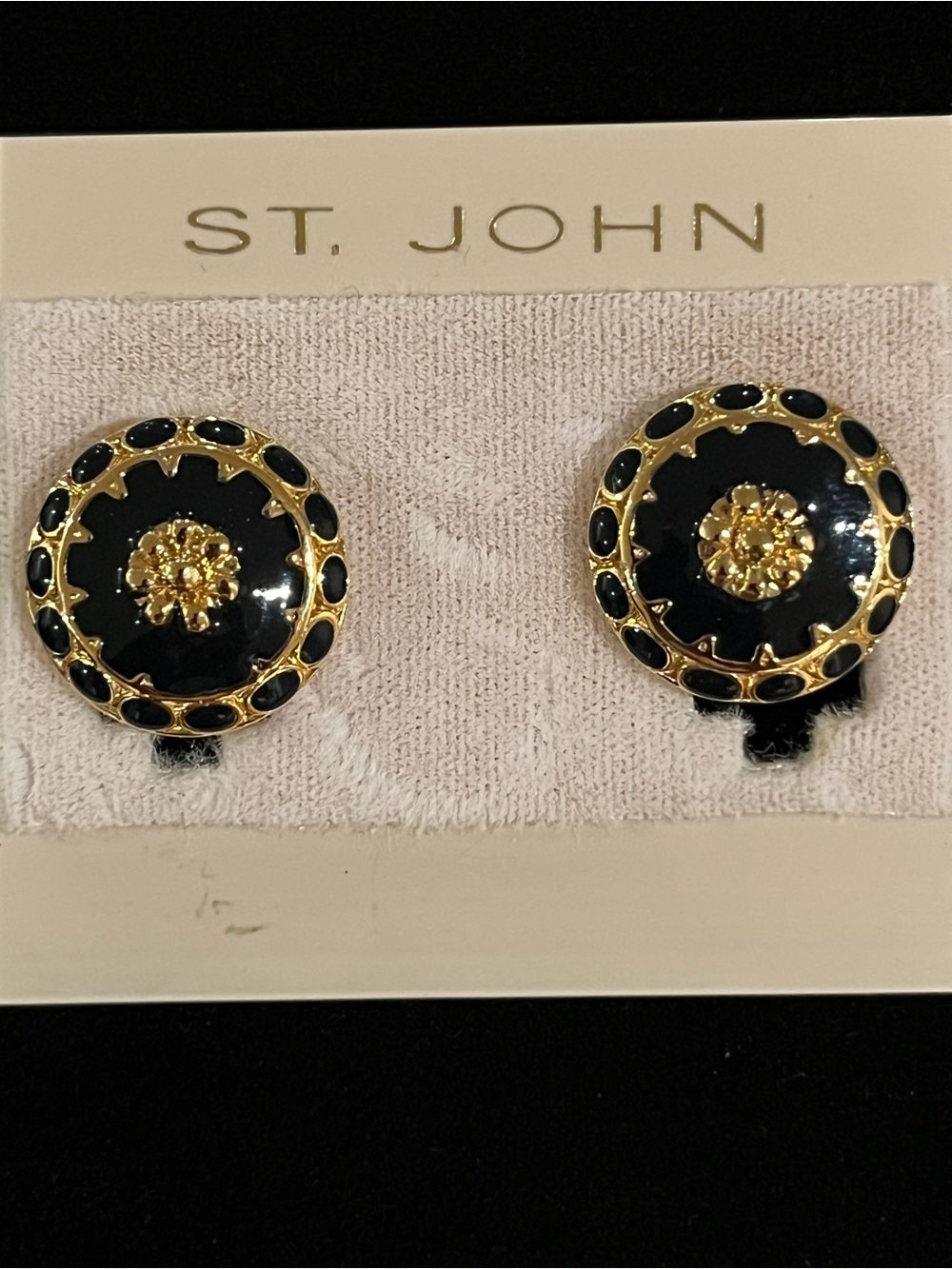 St. John Black and Gold Floral Medallion Clip-On Earrings